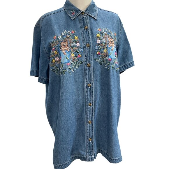 Vintage Cat Embroidered Denim Shirt Cottagecore Coquette Whimsical Floral - Picture 9 of 12